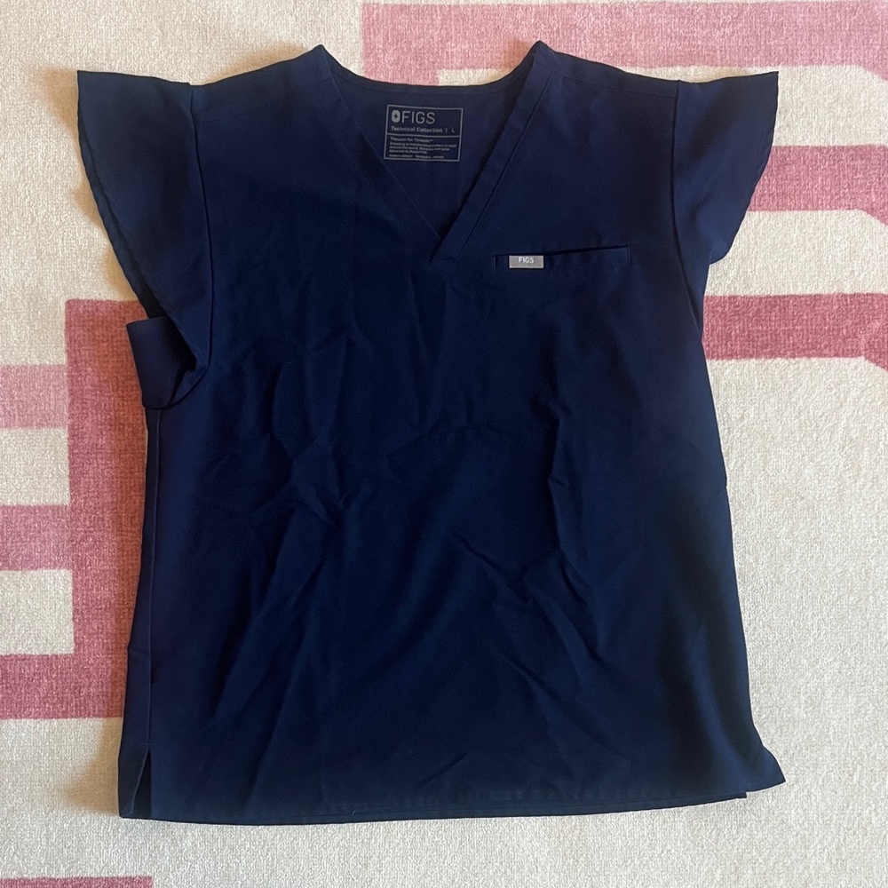 Figs Navy Blue Natal Flutter Sleeve V-Neck Scrub Top